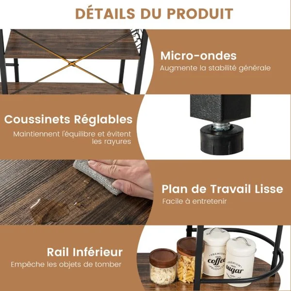 Desserte de Cuisine à 4 Niveaux Support pour Four à Micro-Ondes avec 6 crochets Étagère Supérieure Amovible et Porte-verres Marron
