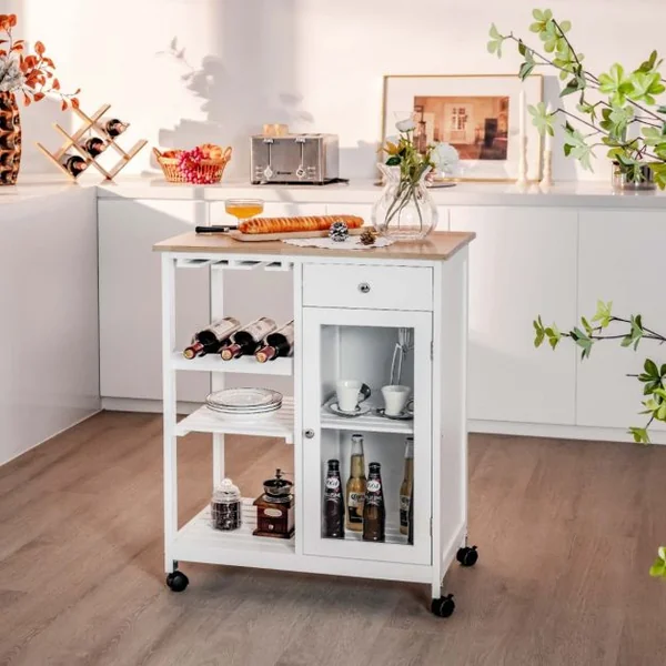 Desserte de Cuisine à Roulettes 3 Étagères 1 Tiroir Porte Chariot de Rangemant Porte-Verres pour Cuisine Salon Blanc