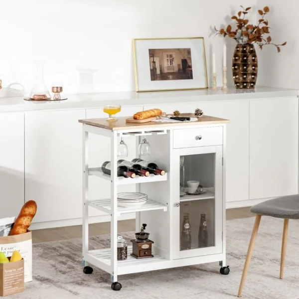 Desserte de Cuisine à Roulettes 3 Étagères 1 Tiroir Porte Chariot de Rangemant Porte-Verres pour Cuisine Salon Blanc