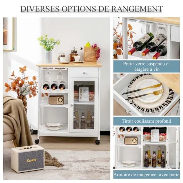 Desserte de Cuisine à Roulettes 3 Étagères 1 Tiroir Porte Chariot de Rangemant Porte-Verres pour Cuisine Salon Blanc