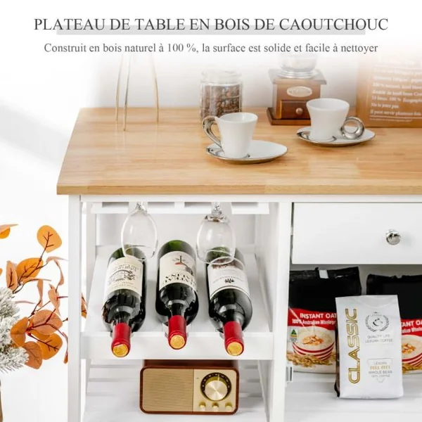 Desserte de Cuisine à Roulettes 3 Étagères 1 Tiroir Porte Chariot de Rangemant Porte-Verres pour Cuisine Salon Blanc