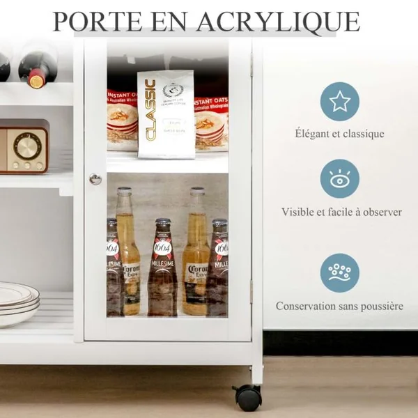 Desserte de Cuisine à Roulettes 3 Étagères 1 Tiroir Porte Chariot de Rangemant Porte-Verres pour Cuisine Salon Blanc