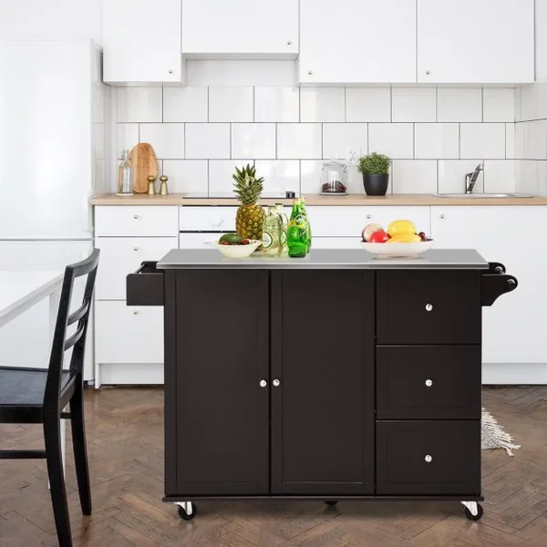 Desserte de Cuisine à Roulettes avec Plateau Acier Inox. îlot Chariot de Cuisine avec 3 Tiroirs 2 Portes et Porte-épices Blanc/Café/Noir