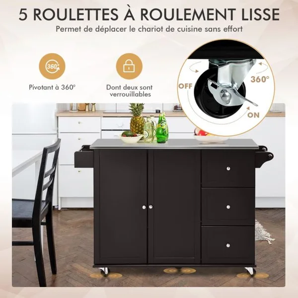 Desserte de Cuisine à Roulettes avec Plateau Acier Inox. îlot Chariot de Cuisine avec 3 Tiroirs 2 Portes et Porte-épices Blanc/Café/Noir