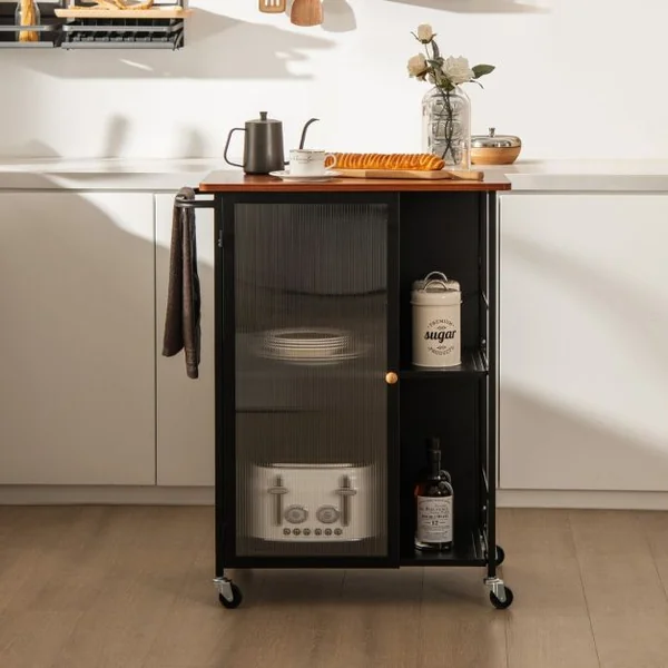Desserte de Cuisine à Roulettes avec Porte Transparente Chariot de Service avec Porte-serviettes et Étagères à 2 niveaux