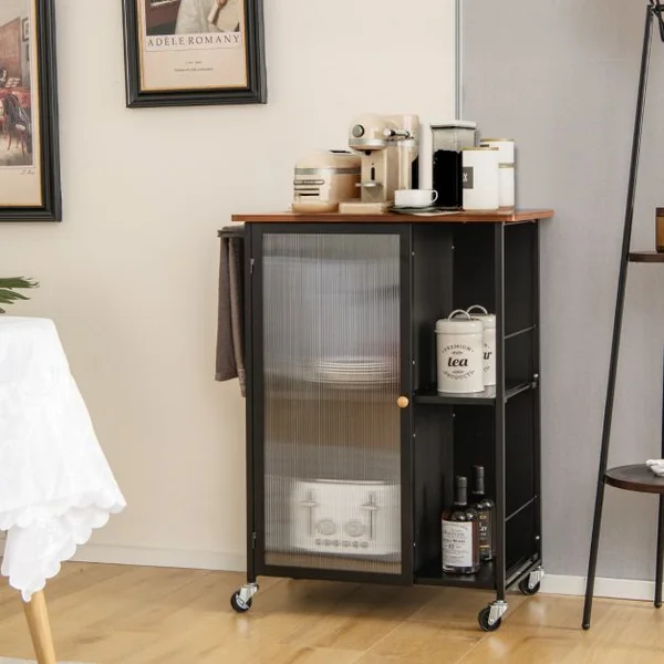 Desserte de Cuisine à Roulettes avec Porte Transparente Chariot de Service avec Porte-serviettes et Étagères à 2 niveaux