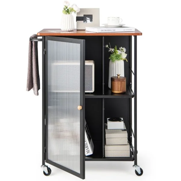Desserte de Cuisine à Roulettes avec Porte Transparente Chariot de Service avec Porte-serviettes et Étagères à 2 niveaux