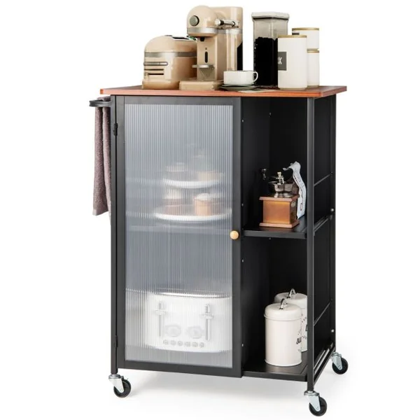 Desserte de Cuisine à Roulettes avec Porte Transparente Chariot de Service avec Porte-serviettes et Étagères à 2 niveaux