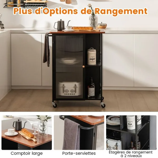 Desserte de Cuisine à Roulettes avec Porte Transparente Chariot de Service avec Porte-serviettes et Étagères à 2 niveaux
