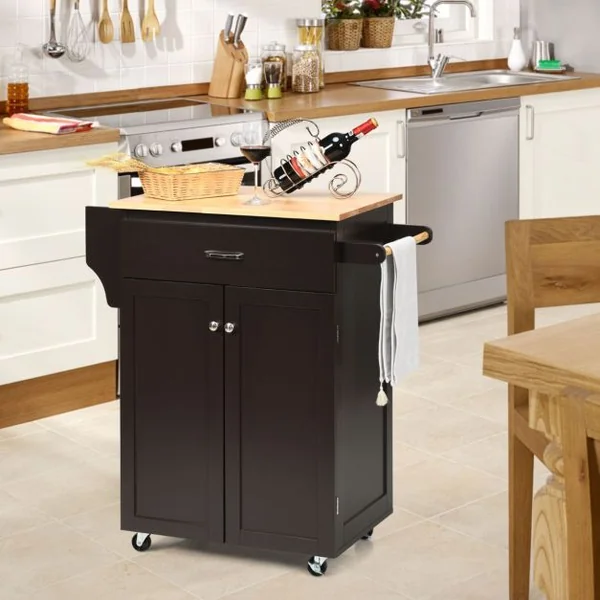 Desserte de Cuisine à Roulettes avec Tiroir et 2 Portes îlot Chariot de Cuisine avec Porte-épices et Porte-serviettes Marron