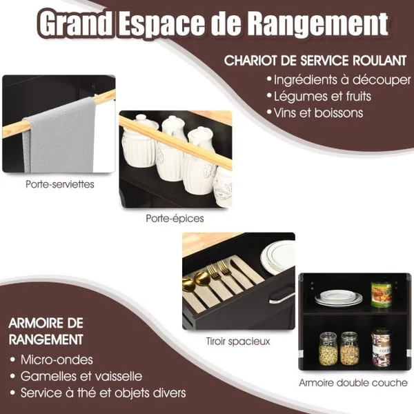 Desserte de Cuisine à Roulettes avec Tiroir et 2 Portes îlot Chariot de Cuisine avec Porte-épices et Porte-serviettes Marron