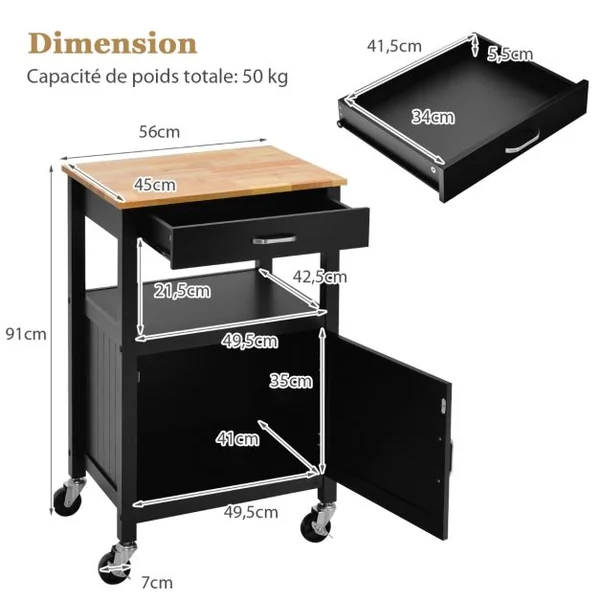 Desserte de Cuisine à Roulettes avec Tiroir et Placard 56x45x91cm Chariot d’îlot de Cuisine avec 3 Crochets Latéraux Noir