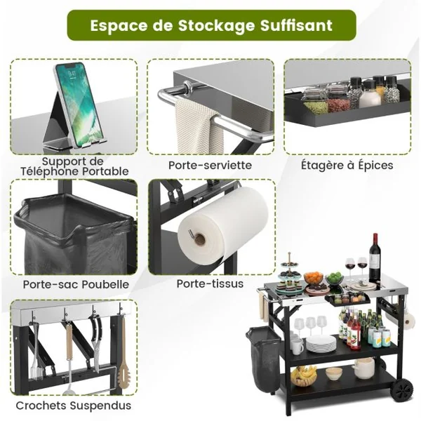 Desserte Extérieure à Roulettes à 3 Étagères Chariot Service de Cuisine Étagère Réglable Épices Porte-Serviettes Porte-Mouchoirs Noir