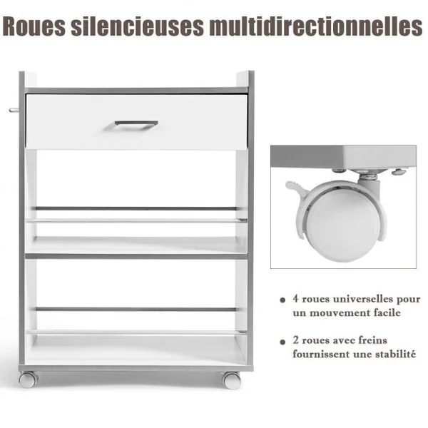 Desserte Polyvalente Roulante Chariot de Cuisine Roulant Tiroir et Porte-serviettes Capacité 30kg 60x39x81cm Blanc