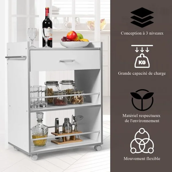 Desserte Polyvalente Roulante Chariot de Cuisine Roulant Tiroir et Porte-serviettes Capacité 30kg 60x39x81cm Blanc