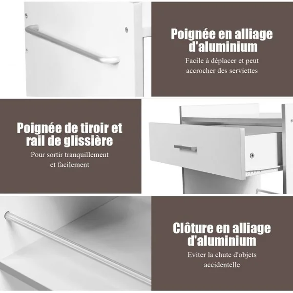 Desserte Polyvalente Roulante Chariot de Cuisine Roulant Tiroir et Porte-serviettes Capacité 30kg 60x39x81cm Blanc