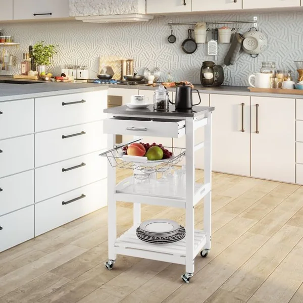 Desserte sur Roues avec Comptoir en Acier Inoxydable 47x39x85CM Blanc