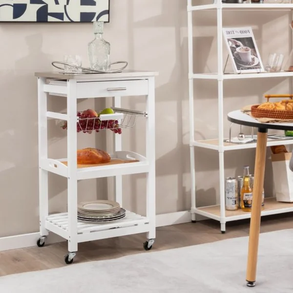 Desserte sur Roues avec Comptoir en Acier Inoxydable 47x39x85CM Blanc