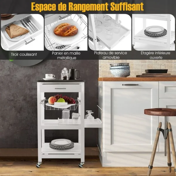 Desserte sur Roues avec Comptoir en Acier Inoxydable 47x39x85CM Blanc