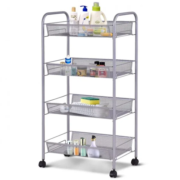 Desserte à Roulettes Chariot de Service avec 4 Étagères Métalliques Cadre en Métal 44x265x835cm Gris Argenté