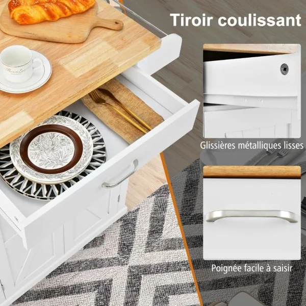Desserte à Roulettes de Cuisine 2 Portes Tiroir Chariot de Cuisine à Service Porte-épices Porte-serviettes Blanc