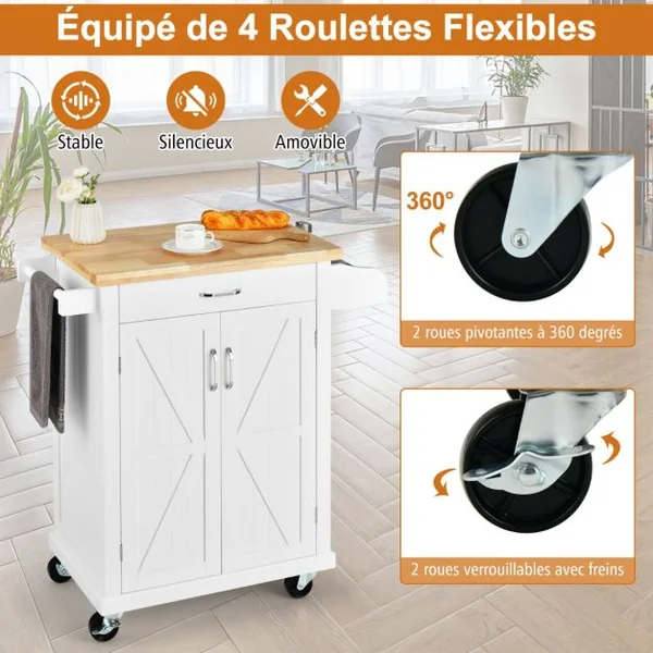 Desserte à Roulettes de Cuisine 2 Portes Tiroir Chariot de Cuisine à Service Porte-épices Porte-serviettes Blanc