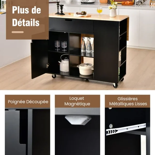 Desserte/Chariot à Roulettes avec Comptoir en Bois de Caoutchouc Pliable Ilot Central Cuisine avec Porte-épices Blanc/Noir