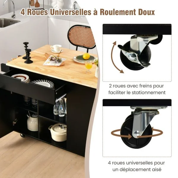 Desserte/Chariot à Roulettes avec Comptoir en Bois de Caoutchouc Pliable Ilot Central Cuisine avec Porte-épices Blanc/Noir