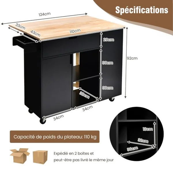 Desserte/Chariot à Roulettes avec Comptoir en Bois de Caoutchouc Pliable Ilot Central Cuisine avec Porte-épices Blanc/Noir