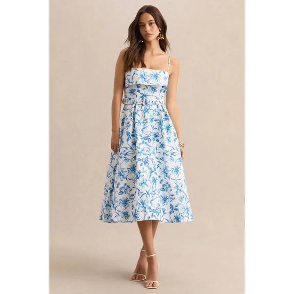 Devina | Robe mi-longue à encolure carrée avec ceinture et imprimé porcelaine bleu