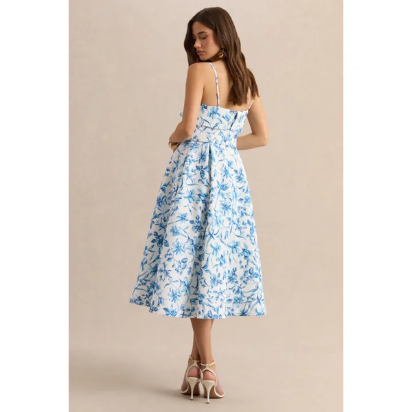 Devina | Robe mi-longue à encolure carrée avec ceinture et imprimé porcelaine bleu