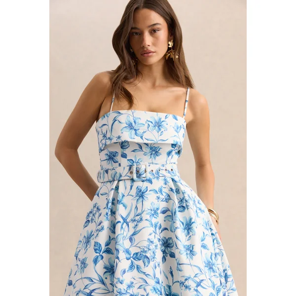 Devina | Robe mi-longue à encolure carrée avec ceinture et imprimé porcelaine bleu