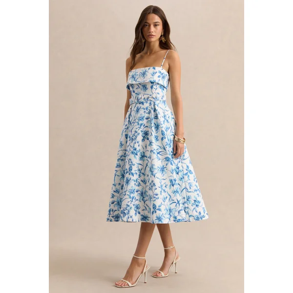 Devina | Robe mi-longue à encolure carrée avec ceinture et imprimé porcelaine bleu