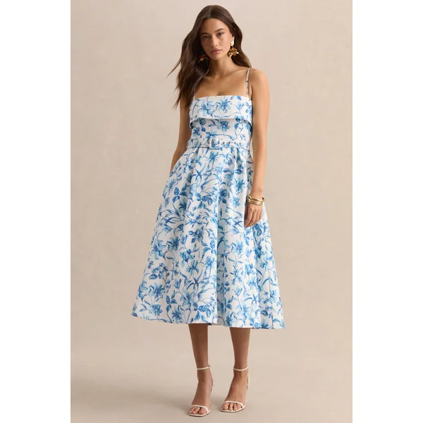 Devina | Robe mi-longue à encolure carrée avec ceinture et imprimé porcelaine bleu