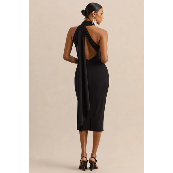 Devinae | Robe mi-longue noire à encolure asymétrique avec dos ouvert et détail d’écharpe