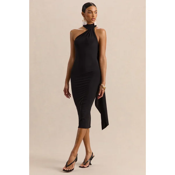 Devinae | Robe mi-longue noire à encolure asymétrique avec dos ouvert et détail d’écharpe