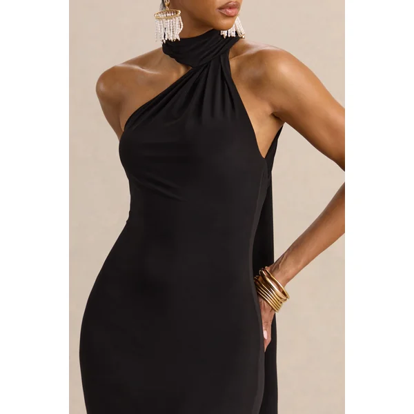 Devinae | Robe mi-longue noire à encolure asymétrique avec dos ouvert et détail d’écharpe