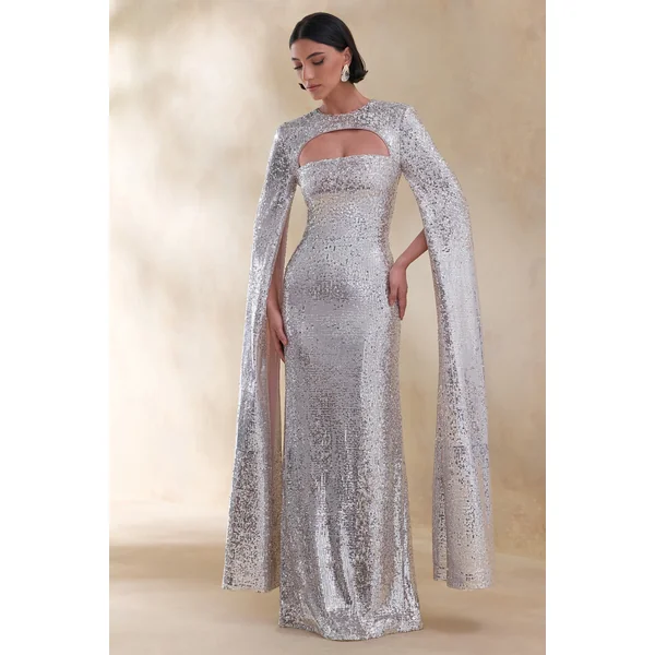 Devora | Robe Longue en Sequins Argentés à Encolure Ras du Cou avec Manches Cape
