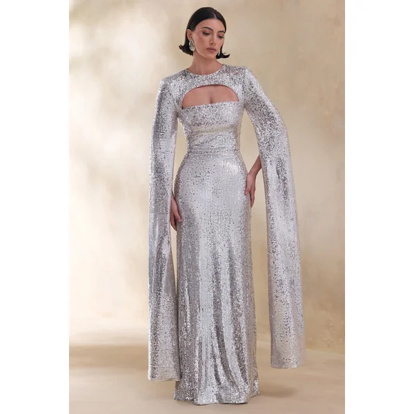 Devora | Robe Longue en Sequins Argentés à Encolure Ras du Cou avec Manches Cape