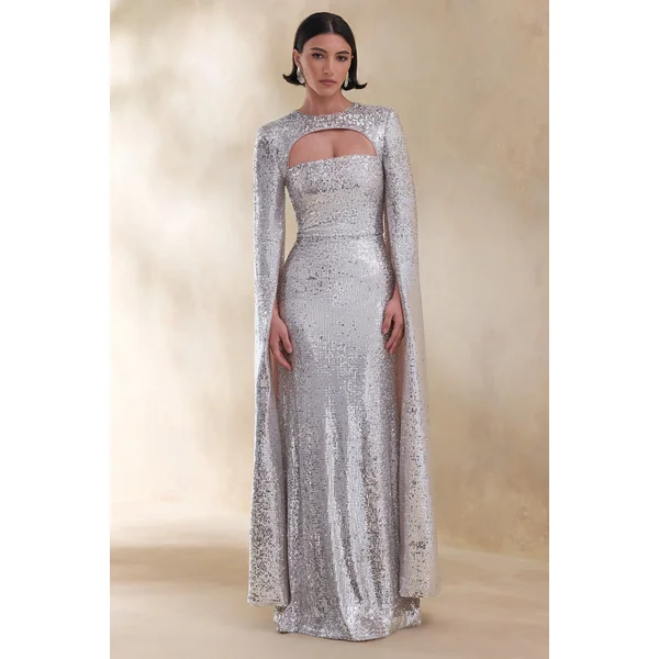 Devora | Robe Longue en Sequins Argentés à Encolure Ras du Cou avec Manches Cape