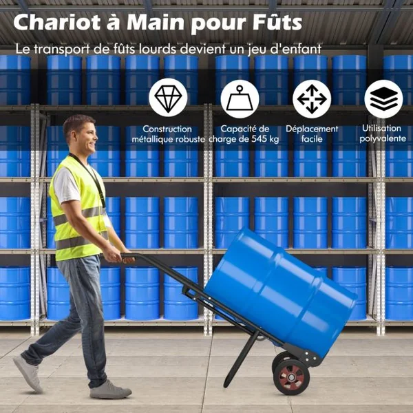 Diable de Transport Métallique Charge 545KG Chariot 57x49x155cm Noir