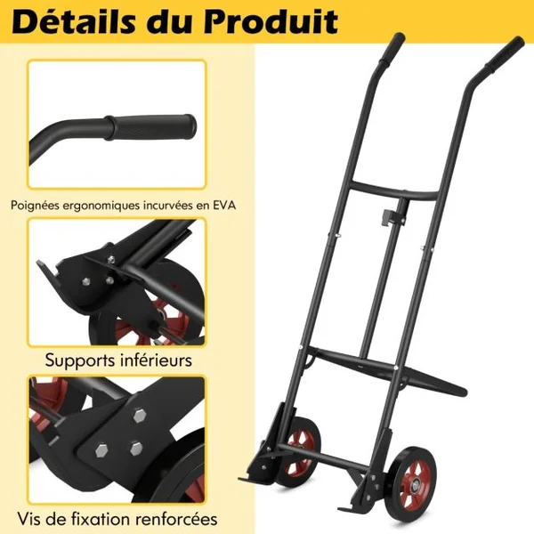 Diable de Transport Métallique Charge 545KG Chariot 57x49x155cm Noir