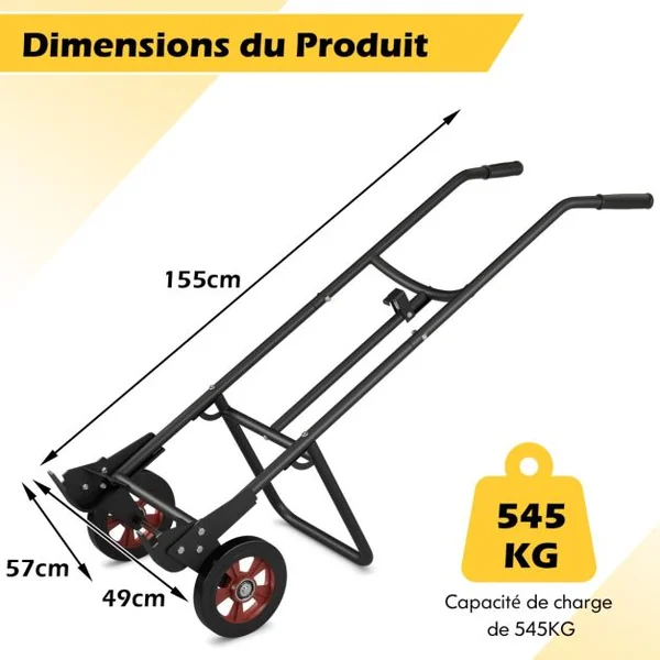 Diable de Transport Métallique Charge 545KG Chariot 57x49x155cm Noir