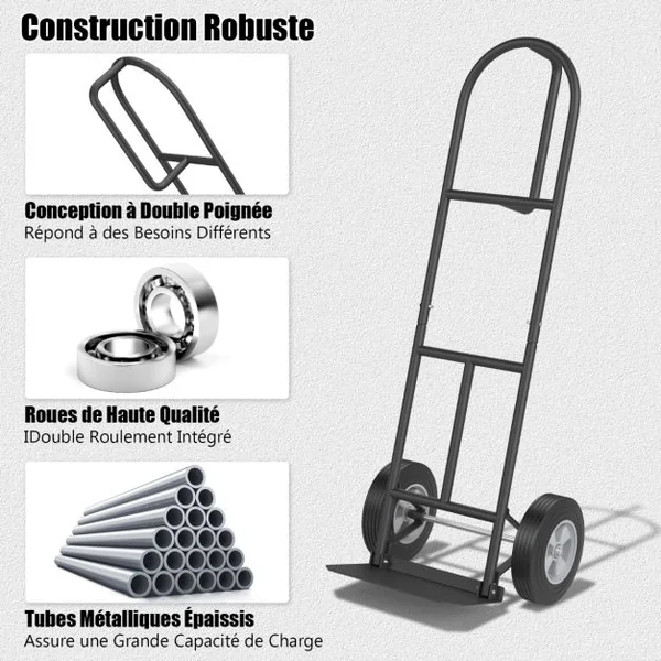 Diable Pliable avec Roues de 25 cm Poignée en P Rond Zone de Chargement Pliable Capacité 300 kg Chariot de Transport 51 cm x 48 cm x 132 cm Noir