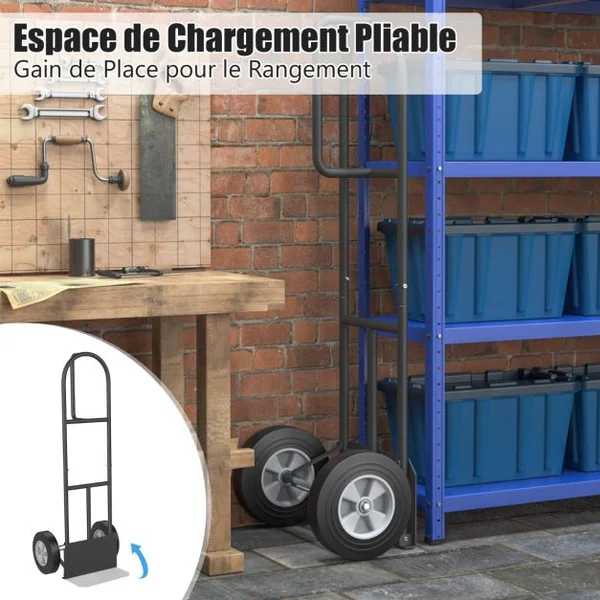 Diable Pliable avec Roues de 25 cm Poignée en P Rond Zone de Chargement Pliable Capacité 300 kg Chariot de Transport 51 cm x 48 cm x 132 cm Noir
