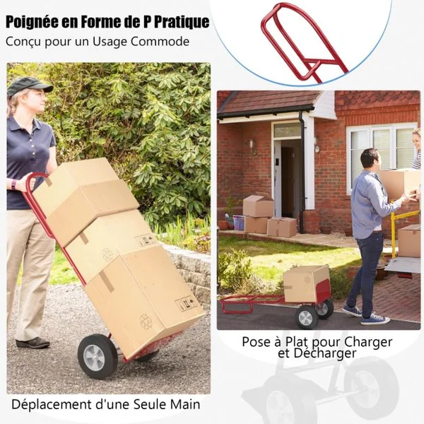 Diable Pliable avec Roues de 25 cm Poignée en P Rond Zone de Chargement Pliable Capacité 300 kg Chariot de Transport 51 cm x 48 cm x 132 cm Rouge