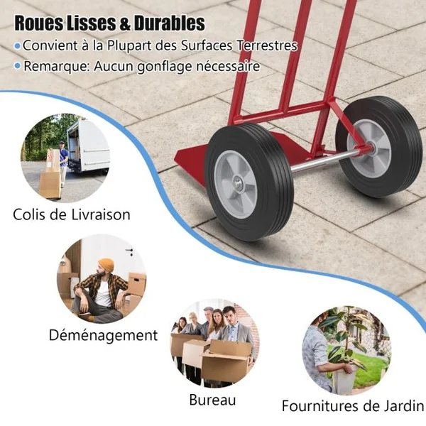 Diable Pliable avec Roues de 25 cm Poignée en P Rond Zone de Chargement Pliable Capacité 300 kg Chariot de Transport 51 cm x 48 cm x 132 cm Rouge
