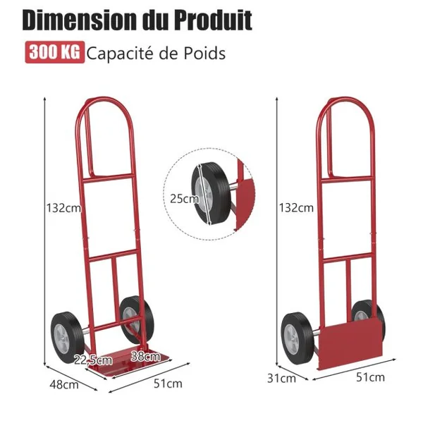 Diable Pliable avec Roues de 25 cm Poignée en P Rond Zone de Chargement Pliable Capacité 300 kg Chariot de Transport 51 cm x 48 cm x 132 cm Rouge