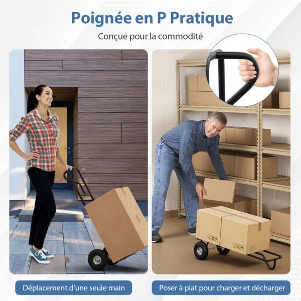 Diable Pliable avec Roues de 25 cm Poignée en P Rond Zone de Chargement Pliable Capacité 300 kg Chariot de Transport 54 cm x 48 cm x 132 cm Noir