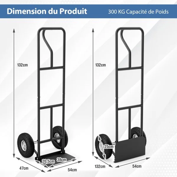 Diable Pliable avec Roues de 25 cm Poignée en P Rond Zone de Chargement Pliable Capacité 300 kg Chariot de Transport 54 cm x 48 cm x 132 cm Noir